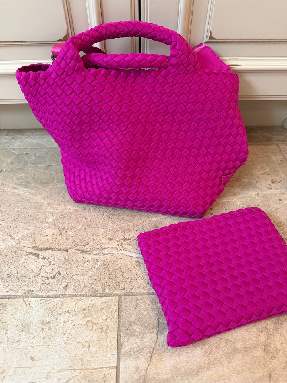 Naghedi Fuchsia Woven Tote with Matching Pouch